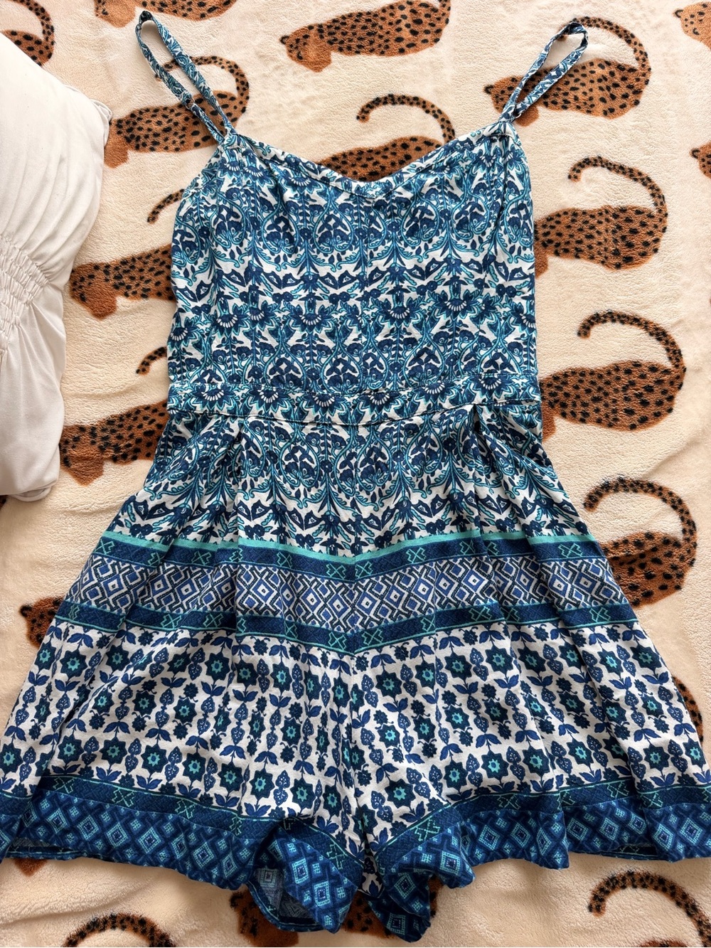 Blue Patterned Spaghetti-Strap Summer Romper